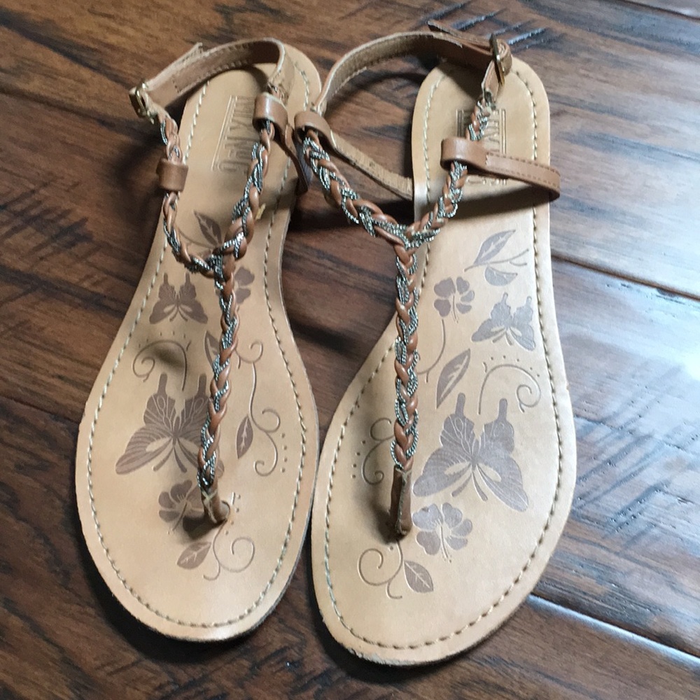 Tan and gold t-strap sandles